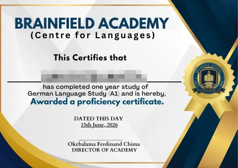 Brainfield Academy, Centre for Languages: Language certificate (name hidden)
