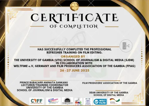 Film editing training, The Gambia: Certificate of completion, designed in Canva