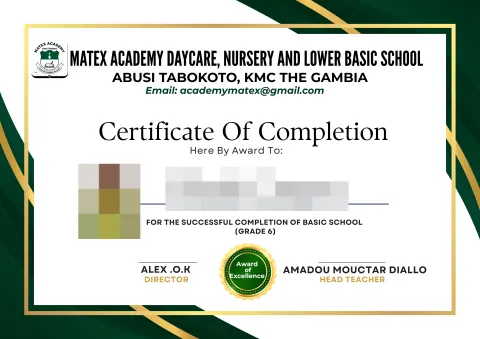 Matex Academy, The Gambia: Certificate of completion (pupil’s name and photo hidden)