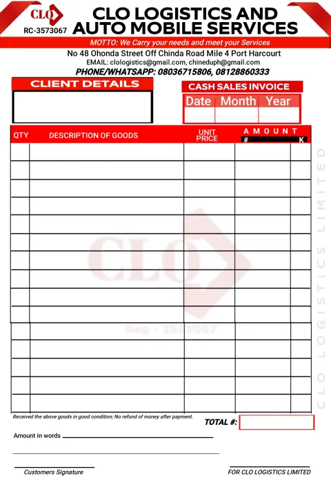 CLO Logistics & Auto Mobile Services, Port Harcourt: Cash sales invoice