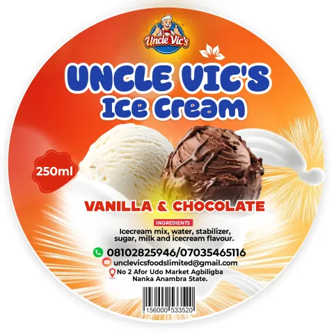 Uncle Vic’s Ice Cream: Tub lid label, vanilla & chocolate