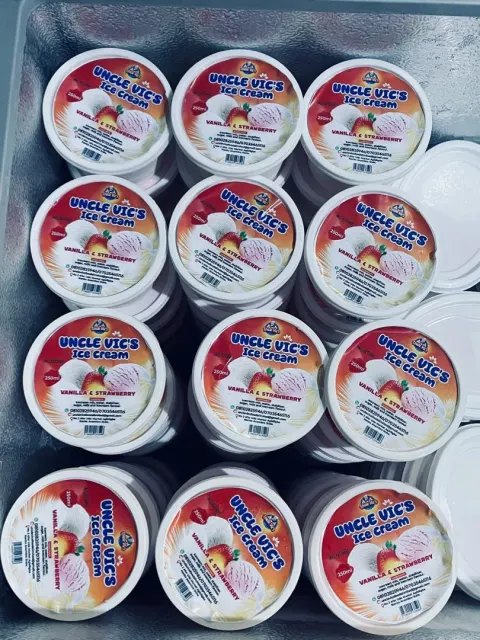 Uncle Vic’s Ice Cream: A tray of labelled tubs